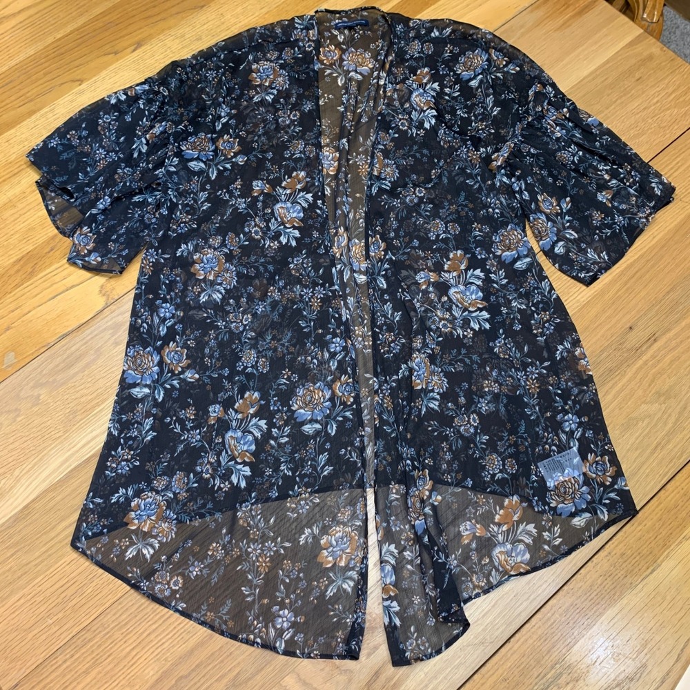 American Eagle Floral Sheer Kimono Cardigan Women's Size Medium Black Blue Brown